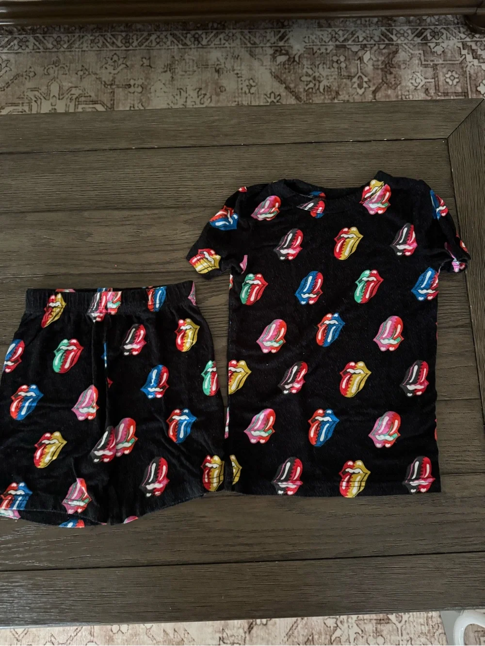 Kids Black Pajama Set with Colorful Tongue Print Rolling Stones